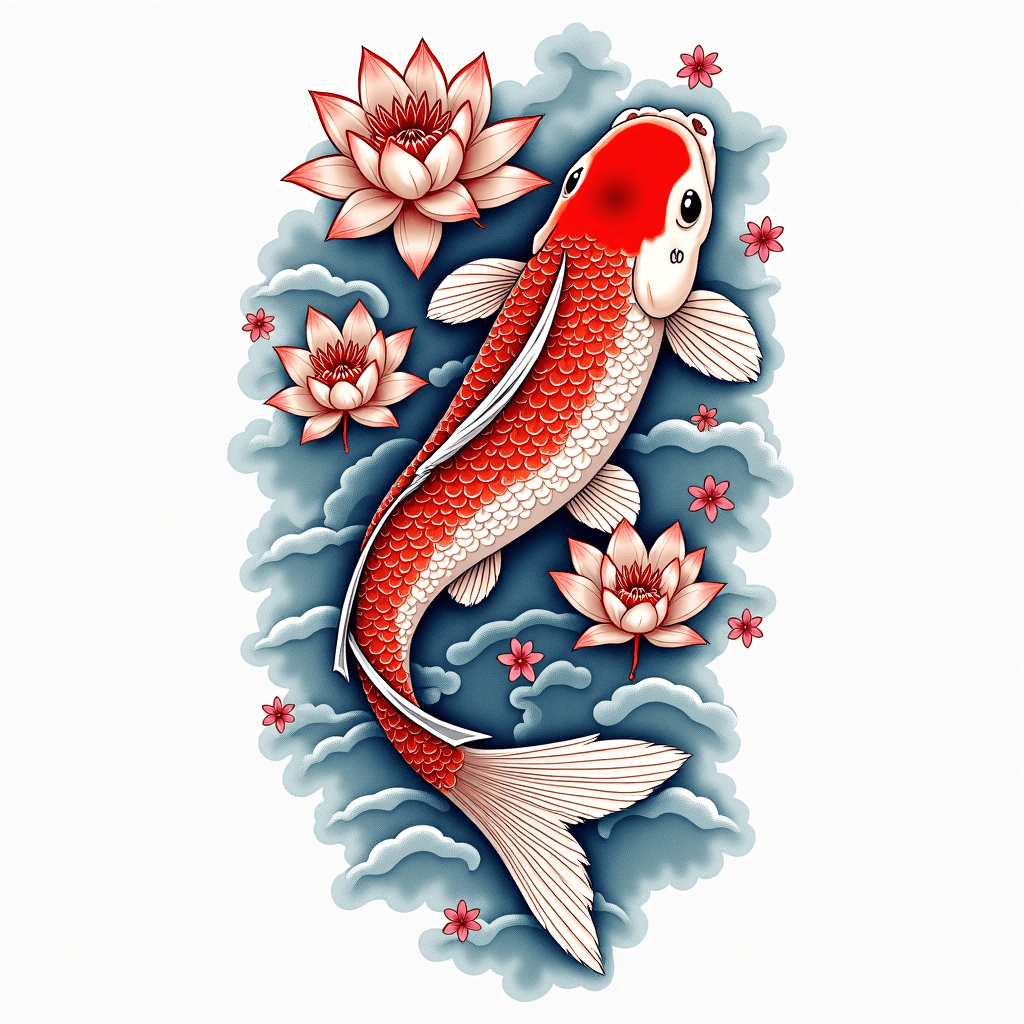 Japanese koi fish swimming upstream with lotus flowers and waves, traditional irezumi style