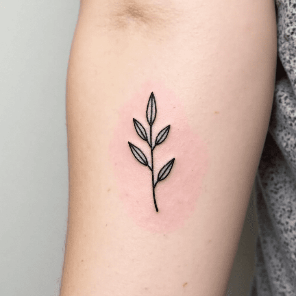 Tiny botanical branch with three leaves, fine line minimalist tattoo